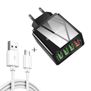 2 in 1 1m USB to Micro USB Data Cable + 30W QC 3.0 4 USB Interfaces Mobile Phone Tablet PC Universal Quick Charger Travel Charger Set, EU Plug, Micro USB Set EU Plug - ORIWHIZ