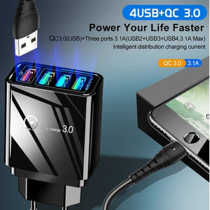 2 in 1 1m USB to Micro USB Data Cable + 30W QC 3.0 4 USB Interfaces Mobile Phone Tablet PC Universal Quick Charger Travel Charger Set, EU Plug, Micro USB Set EU Plug - ORIWHIZ