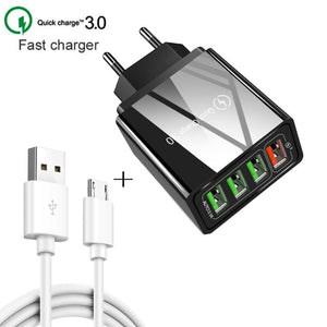 2 in 1 1m USB to Micro USB Data Cable + 30W QC 3.0 4 USB Interfaces Mobile Phone Tablet PC Universal Quick Charger Travel Charger Set, EU Plug, Micro USB Set EU Plug - ORIWHIZ