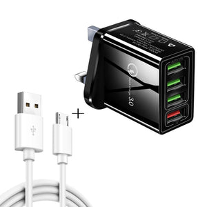 2 in 1 1m USB to Micro USB Data Cable + 30W QC 3.0 4 USB Interfaces Mobile Phone Tablet PC Universal Quick Charger Travel Charger Set, UK Plug, Micro USB Set UK Plug - ORIWHIZ