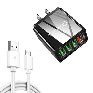 2 in 1 1m USB to Micro USB Data Cable + 30W QC 3.0 4 USB Interfaces Mobile Phone Tablet PC Universal Quick Charger Travel Charger Set, US Plug, Micro USB Set US Plug - ORIWHIZ