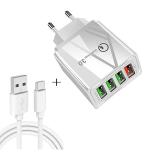 2 in 1 USB to USB - C / Type - C Data Cable + 30W QC 3.0 4 USB Interfaces Mobile Phone Tablet PC Universal Quick Charger Travel Charger Set, EU Plug, USB - C / Type - C Set EU Plug - ORIWHIZ