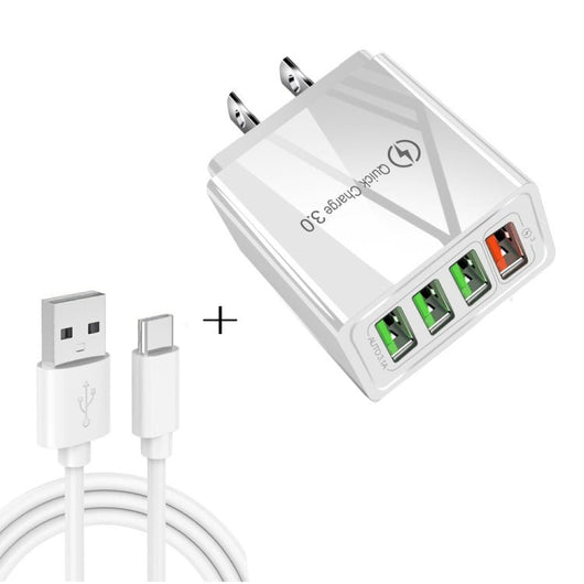 2 in 1 USB to USB - C / Type - C Data Cable + 30W QC 3.0 4 USB Interfaces Mobile Phone Tablet PC Universal Quick Charger Travel Charger Set, US Plug, USB - C / Type - C Set US Plug - ORIWHIZ