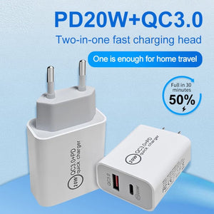 20W PD Type - C + QC 3.0 USB Interface Fast Charging Travel Charger with USB to Type - C Fast Charge Data Cable, EU Plug, US Plug, AU Plug - ORIWHIZ