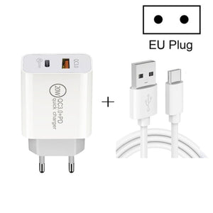 20W PD Type - C + QC 3.0 USB Interface Fast Charging Travel Charger with USB to Type - C Fast Charge Data Cable, EU Plug, US Plug, AU Plug - ORIWHIZ