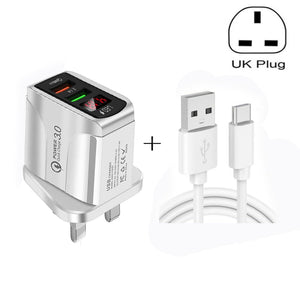 F002C QC3.0 USB + USB 2.0 LED Digital Display Fast Charger with USB to Type - C Data Cable, UK Plug, UK Plug + Type - C Cable - ORIWHIZ