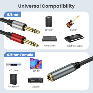 Gold Plated 6.35mm Female to 2 x 6.35mm Male Stereo Audio Adapter Y Splitter Cable, 0.3m, 1m, 2m, 3m, 5m - ORIWHIZ