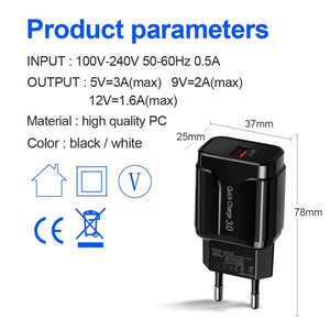 Portable QC3.0 18W USB Port Universal Quick Charging Charger, EU Plug, EU Plug - ORIWHIZ