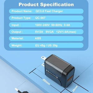 Portable QC3.0 18W USB Port Universal Quick Charging Charger, US Plug, US Plug - ORIWHIZ