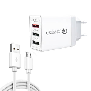 SDC - 30W 2 in 1 USB to Micro USB Data Cable + 30W QC 3.0 USB + 2.4A Dual USB 2.0 Ports Mobile Phone Tablet PC Universal Quick Charger Travel Charger Set, EU Plug, with Micro USB Cable, EU Plug - ORIWHIZ