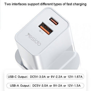 Yesido YC32PD20W + QC3.0 Dual - port Fast Charging Head Mobile Phone Charger, YC32 UK Plug, YC32 EU Plug - ORIWHIZ