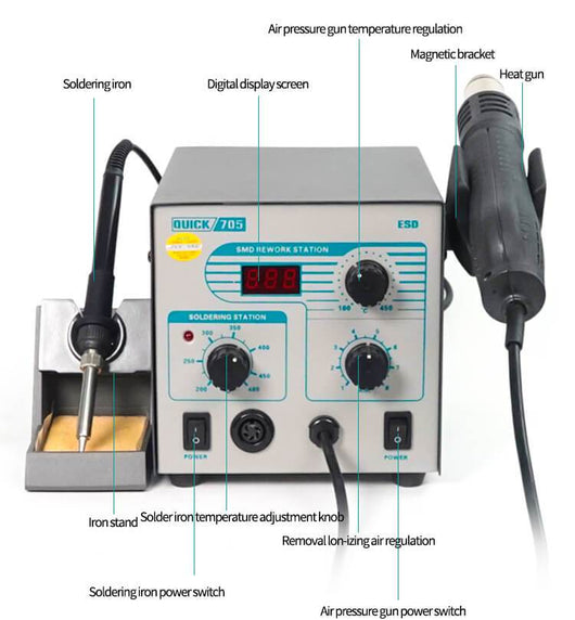 QUICK 705 hot gun soldering station 2in1 rework station Electric Soldering Iron BGA Rework Welding Station - ORIWHIZ